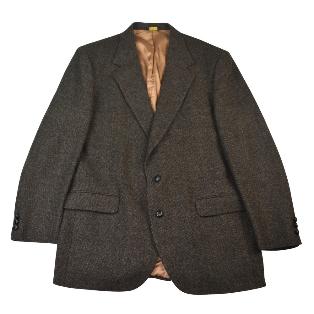 VTG American Trend Mens 44 LWool Herringbone Blazer Sport Coat Brown Made in USA